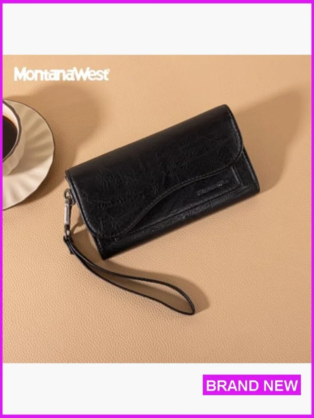 Western Style Trifold Wallet Wristlet with RFID Protection and Phone Compartment